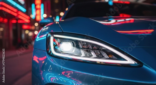 Sleek blue sports car with glowing LED headlight on a vibrant city street at night.