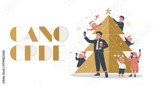 Holiday Selfie: Capturing festive spirit as a family merrily take selfies with a stylized Christmas tree, the scene embodies unity and celebration. 