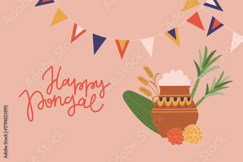 Happy Pongal banner for traditional Indian harvest festival. Hand drawn Pongal pot, marigolds and sugarcane with bunting garland. Hand lettering for invitations, cards and posters.