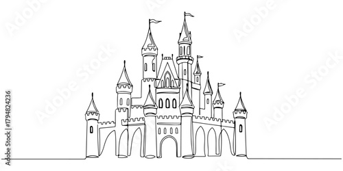 Continuous one line drawing of a castle, symbolizing grandeur and fantasy, line art style vector illustration.