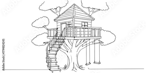 Continuous one line drawing of a tree house, symbolizing imagination and childhood, line art style vector illustration.