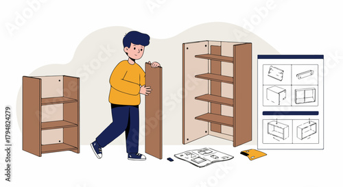 Young man successfully follows assembly instructions to build flat-pack furniture, creating a modern wooden bookshelf.