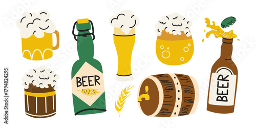 Oktoberfest beer festival groovy elements set in doodle cartoon style. Different beer types. Beer bottles, mugs, pretzel, sausage, barrel, hops. Beer stickers for patches, labels, holiday greetings