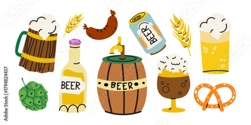 Oktoberfest beer festival groovy elements set in doodle cartoon style. Different beer types. Beer bottles, mugs, pretzel, sausage, barrel, hops. Beer stickers for patches, labels, holiday greetings