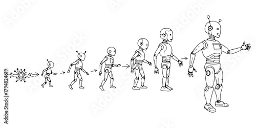 Continuous one line drawing of a robot learning and evolving, symbolizing machine learning and artificial intelligence, line art style vector illustration.
