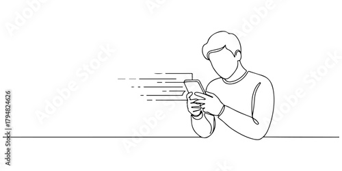 Continuous one line drawing of a person reading news on a digital device, symbolizing the role of media in shaping public opinion, line art style vector illustration.