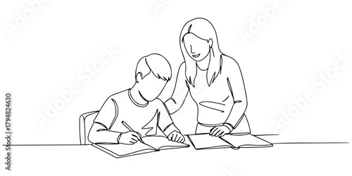 Continuous one line drawing of a teacher helping a disabled child, symbolizing education for people with disabilities, line art style vector illustration.