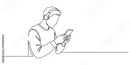 Continuous one line drawing of a person reading news on a digital device, symbolizing the role of media in shaping public opinion, line art style vector illustration.