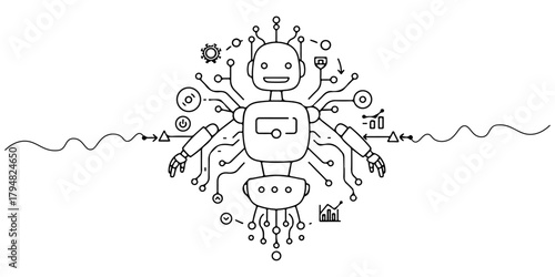 Continuous one line drawing of robot line art style vector illustration.
