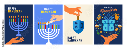 Happy Hanukkah 2025 greeting cards set with hand holding colorful menorah. Traditional symbol of Jewish Holiday of Lights - menorah, dreidel and gift for banner or poster design. Vector illustration