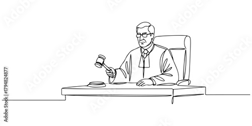 Continuous one line drawing of a judge upholding justice, symbolizing legal system and social justice, line art style vector illustration.