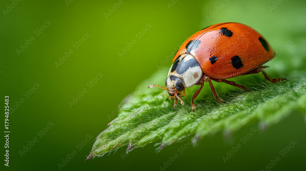 Fototapeta premium macro photography of a red ladybird on a leaf