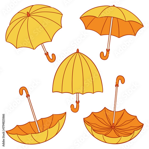Five yellow and orange umbrellas in various open and closed positions, illustrated on a white background.