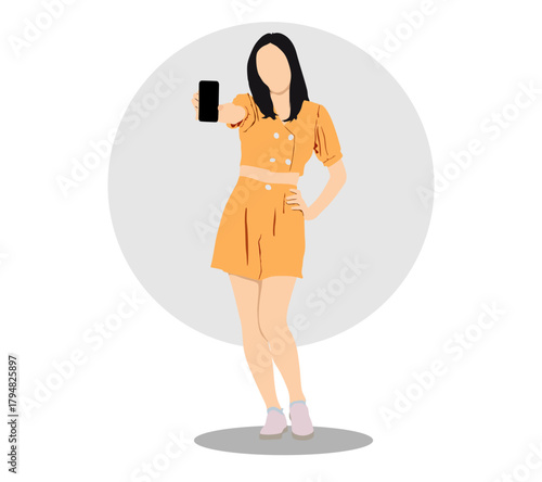 Vector illustration of a young woman holding a cell phone isolated full.