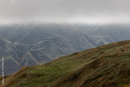 Panoramic view of the mountainous landscape. Rolling hills covered in green grass under a cloudy sky. The terrain is rugged and dramatic.
