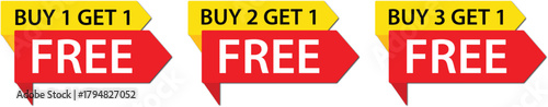 Set of buy get free sale offer tags. Buy 1 get 1, buy 2 get 1 and buy 3 get 1 sale offer.