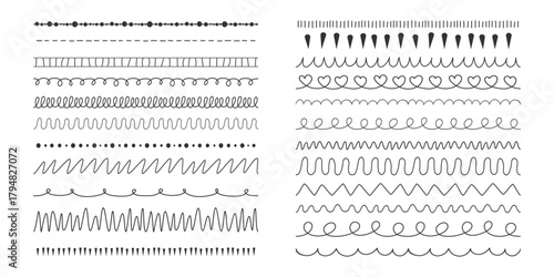 Handwritten doodle pen brush vector set. Playful decorative strokes. Whimsical underline brush collection. Wavy squiggly line separators for planner