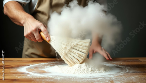 - Baker dusting flour on wooden kitchen table
