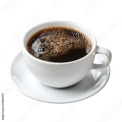 Freshly brewed black coffee in a white cup on a white saucer on transparent background