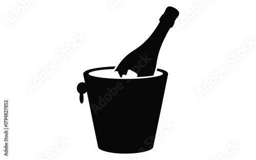 Champagne bottle in ice bucket black and white vector graphic