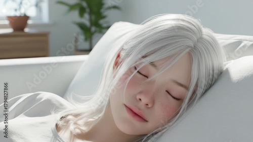 Serene whitehaired woman sleeping peacefully in soft sunlight.