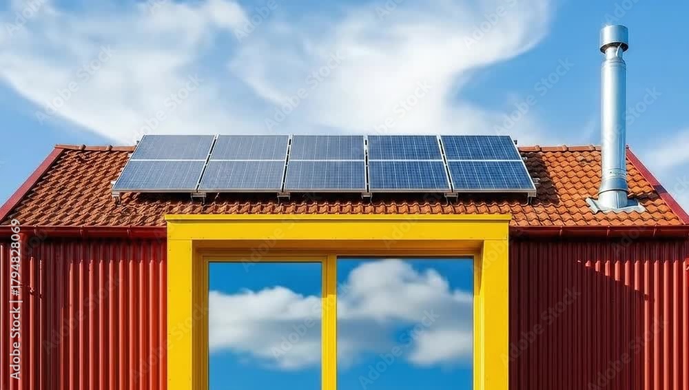 A closeup of solar panels installed on a rooftop of a house with a red facade and a bright yellow window frame under a blue sky