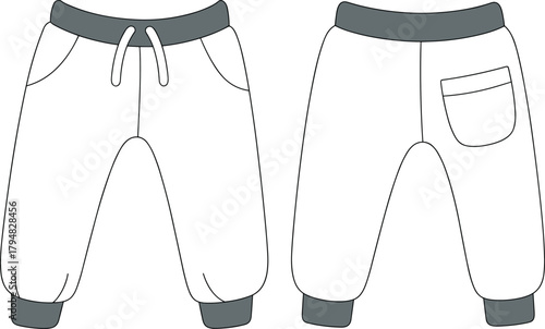 Children jogger pants front back view, casual kids fashion, cad drawing flat vector illustration