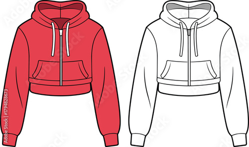 Cropped hoodie fashion sketch with kangaroo pocket and drawstring hood, women apparel design, cad drawing flat vector illustration