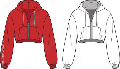 Cropped hoodie fashion sketch with zipper front and drawstring details, apparel design, cad drawing flat vector illustration