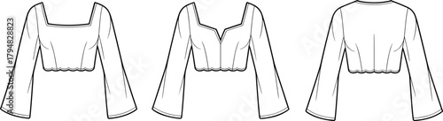 Cropped long sleeve top fashion flat sketch, scalloped hem, square and sweetheart neckline, cad drawing vector illustration