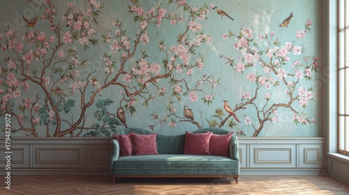 Luxurious Room with Chinoiserie Floral Bird Wall Mural