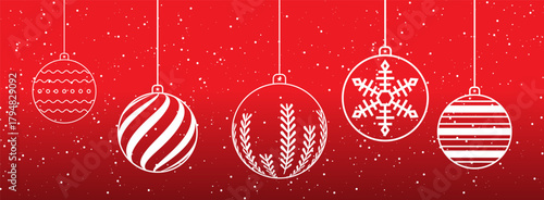 Christmas ornaments hanging against a red background with a subtle snowfall effect, festive and decorative.