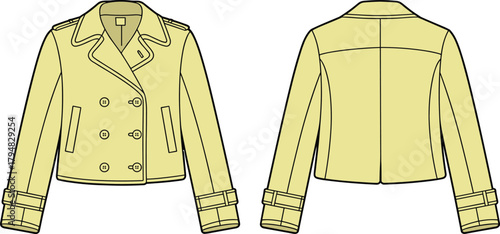 Double breasted jacket technical fashion flat sketch, cad drawing vector illustration, apparel design template front back view
