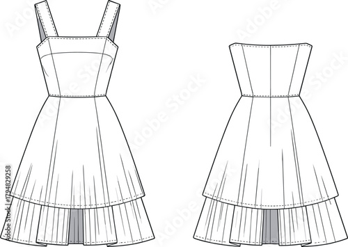 Dress technical fashion sketch, tiered sleeveless dress, flat vector CAD drawing, sewing pattern illustration design