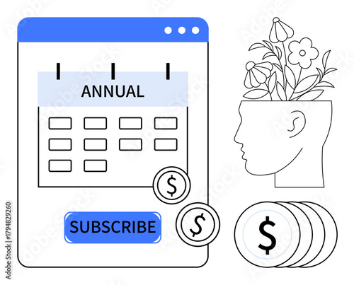 Calendar with annual subscription, Subscribe button, currency coins, and blooming head symbolizing growth. Ideal for finance, learning, creativity, planning, productivity subscriptions abstract