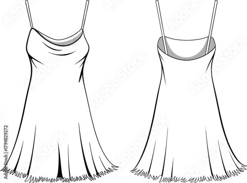 Elegant sleeveless dress fashion flat sketch, cowl neckline, spaghetti straps, flared hem, cad drawing vector illustration