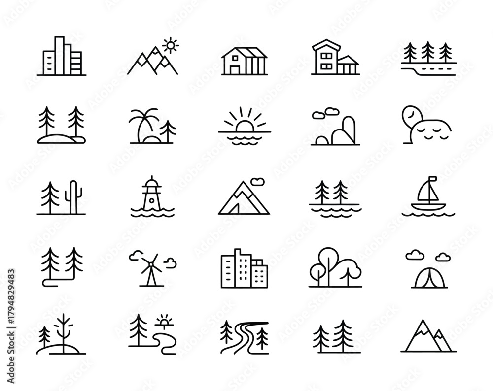 Naklejka premium Landscape nature outdoor scenery environment icons