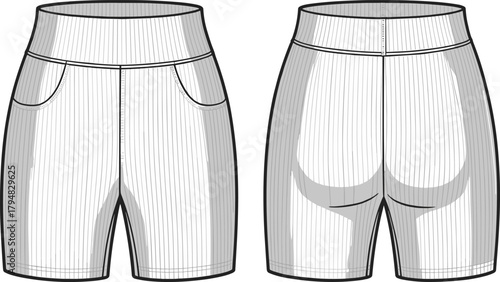 High waist pinstripe shorts with pockets fashion flat, cad drawing vector illustration