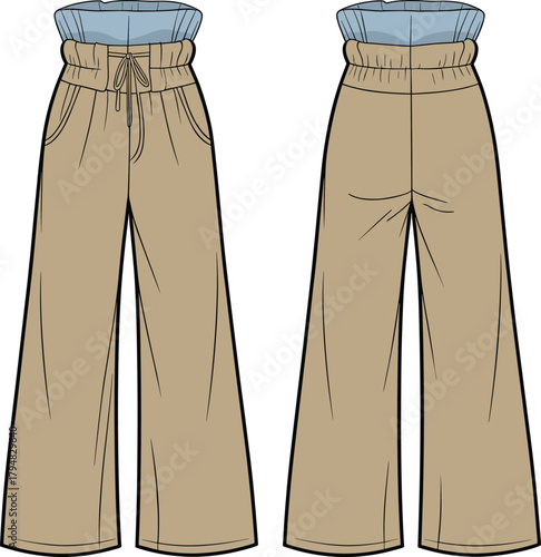 High waist wide leg pants with paperbag waist, cad drawing vector illustration