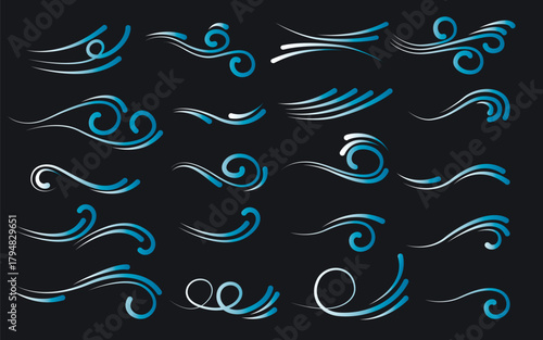 Icon set depicting waves and water movement. Swirls, curves, and liquid flows. Blue water flow lines, vector elements