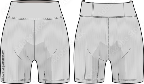 High waisted athletic shorts front back view, sportswear design, cad drawing flat vector illustration