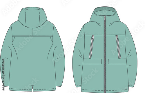 Hooded jacket technical flat sketch, zipper closure pocket detail design, front back view, cad drawing vector illustration
