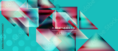 Abstract geometric shapes, vibrant colors, turquoise background. Modern design elements create dynamic visual composition.