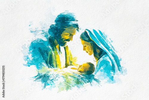A beautiful watercolor artwork of the Holy Family, featuring Mary, Joseph, and baby Jesus in a manger, surrounded by a calming light and colors