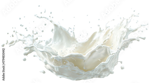 Milk splash with droplets on transparent background showcasing creamy texture and dynamic fluid motion
