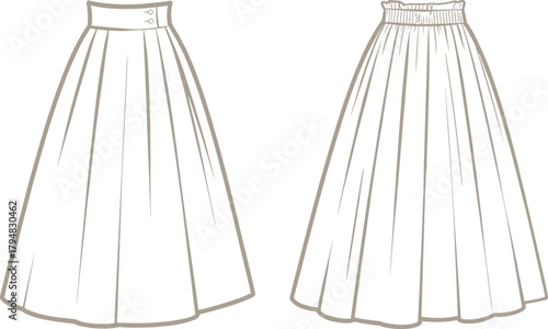Long skirt fashion sketch with pleated and elastic waistband variations, women apparel design, cad drawing flat vector illustration
