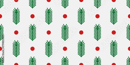 Christmas tree fir branch and red berries seamless holiday pattern. Vector illustration.
