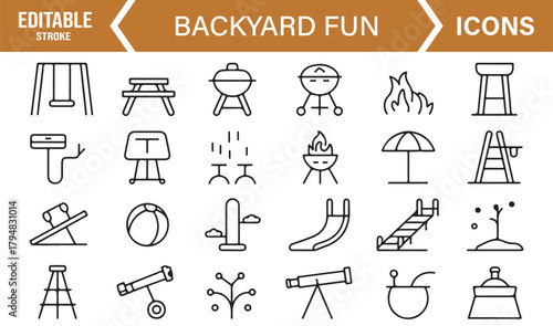 Simple Minimalist Icon Suite for Backyard Leisure, Outdoor Activities, and Family Fun