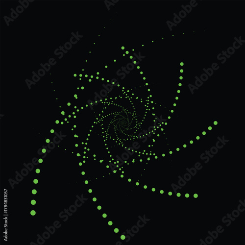 Abstract swirling spiral of glowing green and yellow dots on black background