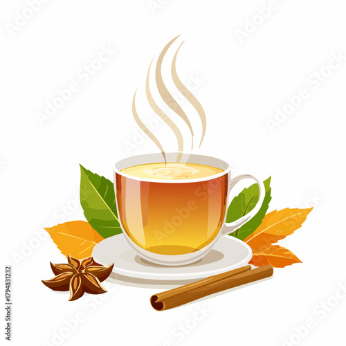 A steaming cup of apple cider sits on a table with cinnamon sticks and fall leaves.
